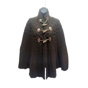 Vtg L Ralph Lauren Lambs wool Cape Cable knit Chocolate Brown poncho Green Label